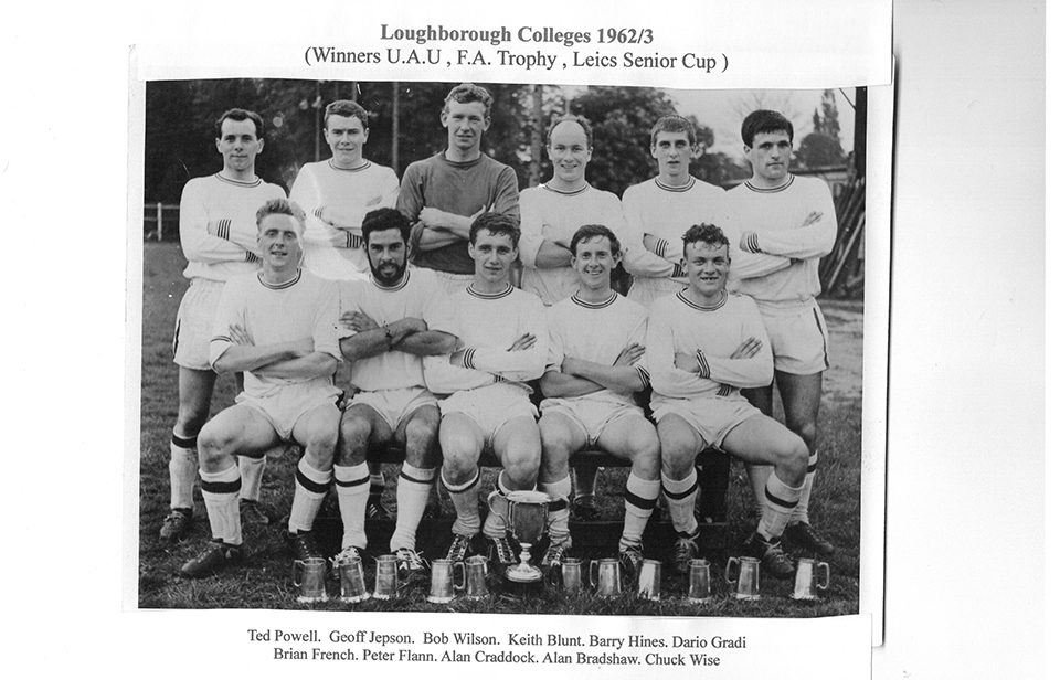 An image of 11 men from the 1962-1963 Loughborough Colleges team sitting down and posing wit their arms crossed.